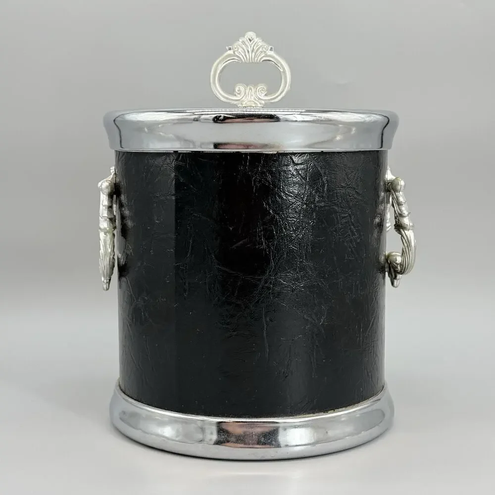 Hong Kong MCM Vintage Black Vinyl and Silver Ice Bucket W/Crest Design
